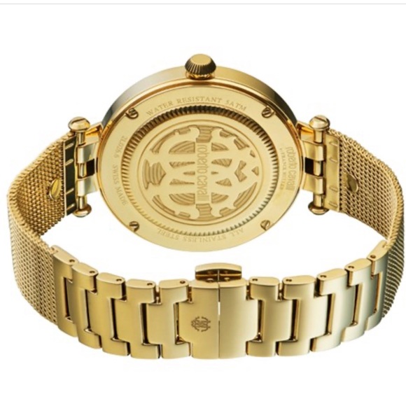 Roberto Cavalli Etched Black Dial Gold Mesh Watch